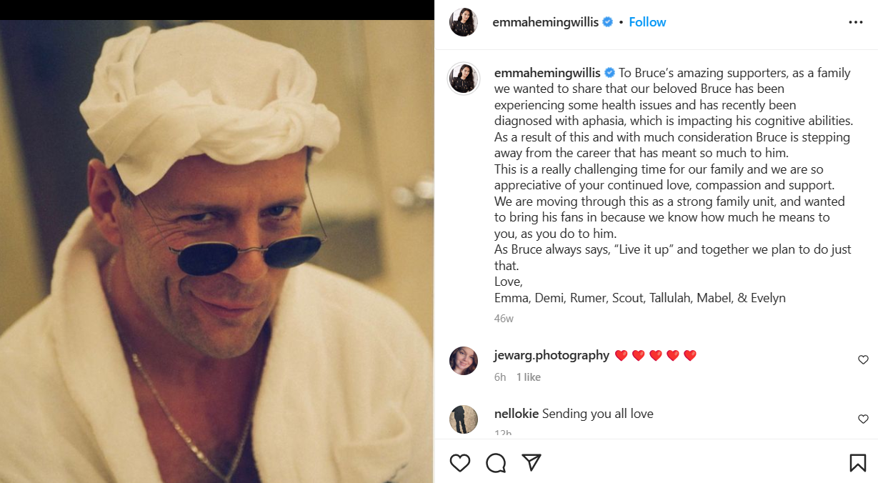 Instagram post of Emma Willis following Bruce's aphasia diagnosis