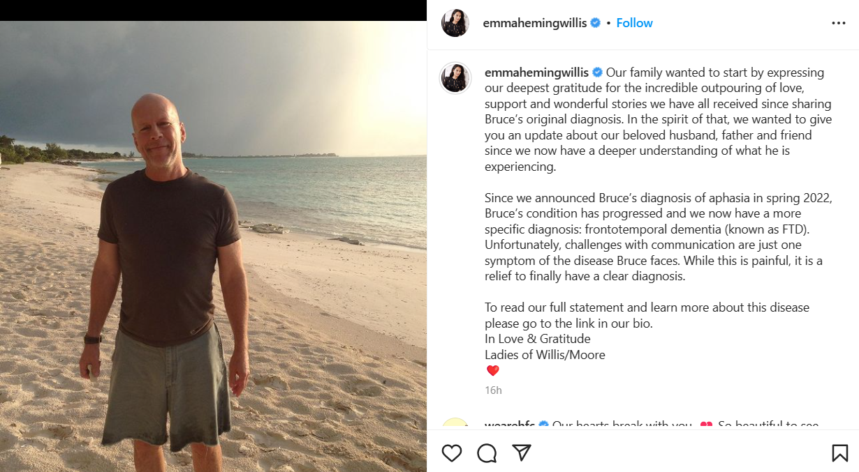 Instagram post of Emma Willis as Bruce Willis is diagnosed with dementia